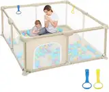 Dripex 124x124 cm Baby Laufstall, Laufgitter Baby, Kinderlaufgitter Großer Sicherheitsbereich mit 2 Laufgitterringen Braun