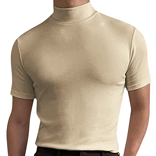 Celucke Sport T-Shirt Herren Tshirt mit Rollkragen Shirt Slim Fit Muskelshirts Sommer Kurzarm Schnell Trocknendes Rundhals Kurzarmshirt Einfarbig Stretch Sweatshirt Beige XL