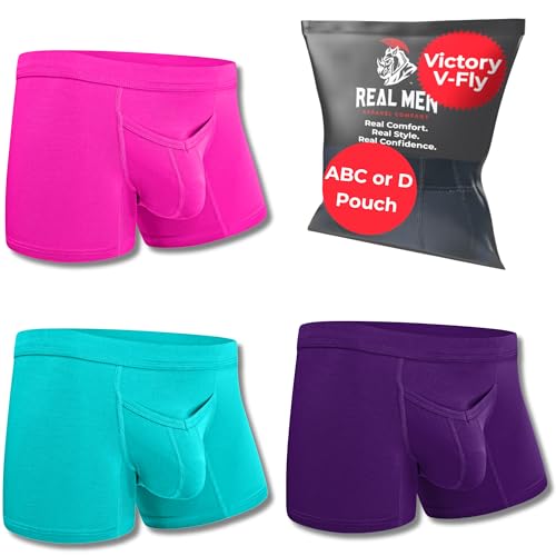 Real Men Bulge Enhancing Pouch Unterwäsche für Herren - 1 oder 3er Pack Set - Modal Boxershorts ABCD Pouch, B Pouch V Fly 3 Pk 7,6 cm Lila Rosa Türkis, Small