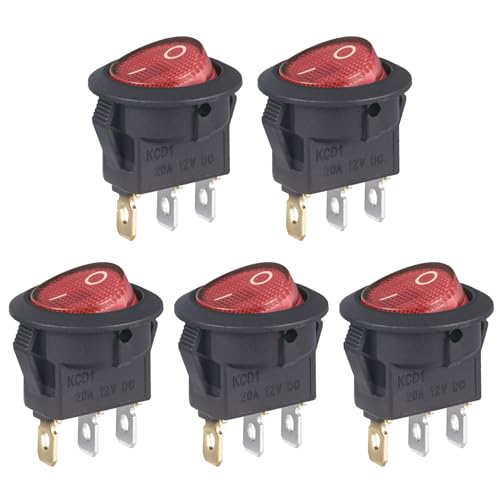 VEXUNGA Kippschalter Beleuchtet Rot Rund 12V DC 20A 3 Polig mit Licht Ein/Aus Schalter Einbauschalter 12 Volt SPST Roter Leuchtend Quadratischer (5 Stück)