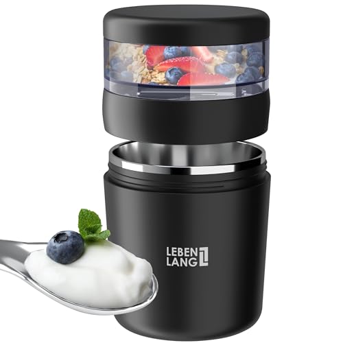 LEBENLANG Müslibecher To Go mit Löffel - Isolierende Edelstahlinnenwand & 650ml I Müslibox Joghurtbecher Müslibecher to go Kinder & Erwachsene Becher für Porridge Joghurt Müsli & Cornflakes