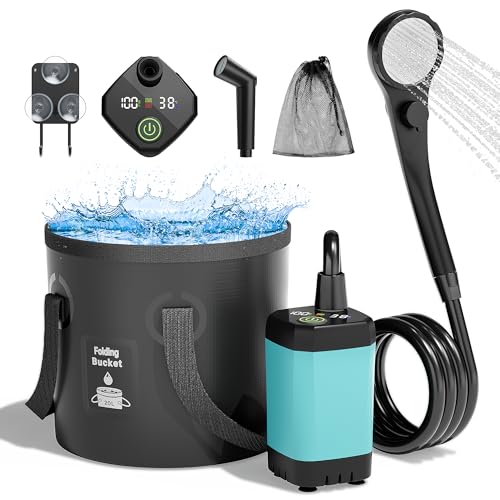 Mytrix Upgraded Portable Camping Shower Komplettset, wiederaufladbare 6000-mAh-Pumpe mit Smart Display, Multi-Mode-Sprühkopf, 5-Gal-Wassereimer, Blau