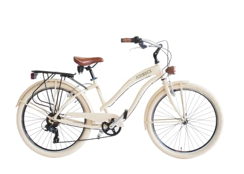 Airbici Fahrrad Beachcruiser Damen 26" Beige | City-Bike | BeachCruiser Bike 26 Zoll 6-Gang, Aluminiumrahmen, Schutzbleche, LED-Licht und Gepäckträger