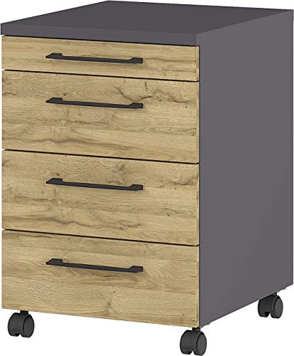 GERMANIA DIE MÖBELMACHER Rollcontainer, mit Vier Schubladen, Utensilienfach und feststellbaren Laufrollen, in der Farbe Graphit/Eiche, 42 x 61 x 49 cm (BxHxT)