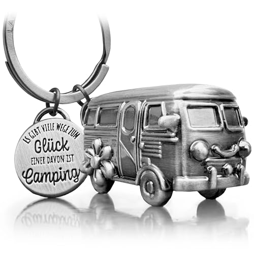 LANOLU Schlüsselanhänger Camping Glück, Wohnwagen Geschenk, Wohnmobil Geschenk für das Camping und für Camper, 3D Anhänger- Wohnwagen Zubehör aus Metall