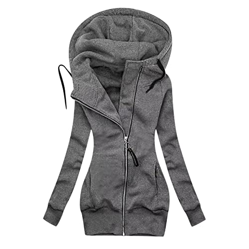 Sweatjacke Damen mit Kapuze Outdoorjacken Weiche Baumwolle Langarmjacke Hohe Mode Herbstmantel Elegant Retro Übergangsjacke Temperament Solid Steppjacke Parka Lässig Kapuzenpullover