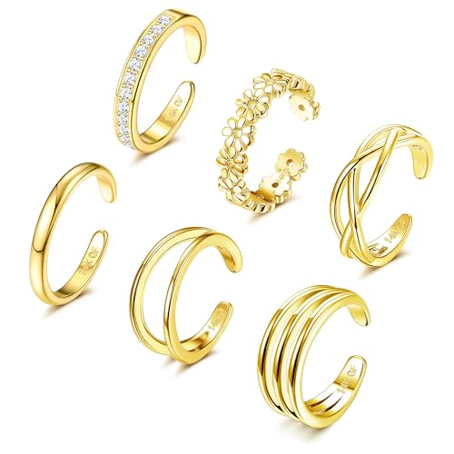 FIOROYAL 6 Stück 14K Gold Gefüllte Zehenring Verstellbare Zehenringe Set für Damen Mädchen CZ Herz Offene Zehenringe Sommer Strand Fußschmuck Blumentyp