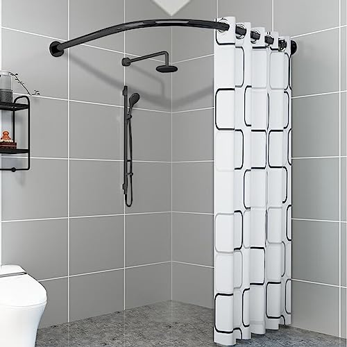 Viertelkreis Duschvorhangstange, Edelstahl L Form Eckduschstange ， Schwarz Rund-Duschstange Ohne Bohren, Ohne Deckenhalterung, für Badewanne & Dusche(Size:A 70-95m x 70-95cm,Color:Schwarz)