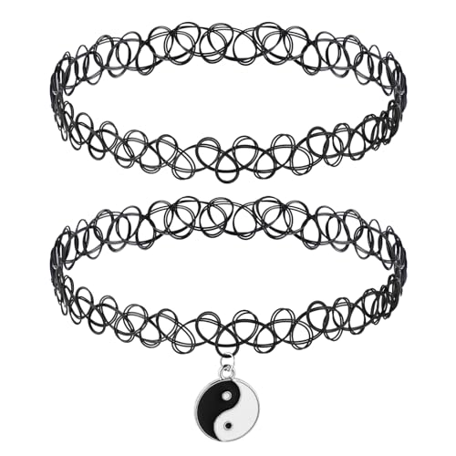 2 Stücke Tattoo Kette 90s Retro Damen Schwarz Choker mit Anhänger Klassisches Gothic Punk Choker für Damen Retro Halloween Karneval Party Kostüm Zubehör