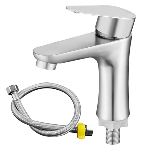 Kaltwasserhahn Edelstahl Kaltwasserarmatur mit 80cm Anschlussschlauch, Wasserhahn Kaltwasser Bad Waschtischarmatur Gäste WC Einhebelarmatur für Badezimmer Gäste WC