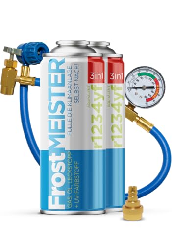 FrostMEISTER 3in1 – Auto-Klimaanlagen-Nachfüllset (2X 400 ml Dose + Schlauch mit Manometer & Adapter) – Ersatzkältemittel, Kompressoröl & Dichtmittel für R1234yf (ab Baujahr 2017)