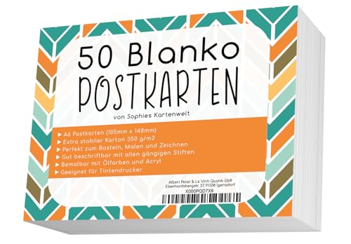 Blanko Postkarten Set mit 50 Karten - Gestalte und bedrucke deine eigenen Postkarten auf hochqualitativem 350g / m² Papier - von Sophies Kartenwelt