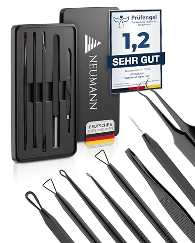 NEUMANN® Mitesserentferner-Set (rostfreier Edelstahl) zum entfernen von Pickeln, Blackheads & co. - Komedonenquetscher, Heber, Remover - Verschiedene Tools: Schlingen, Pinzetten, Lanzette [Schwarz]