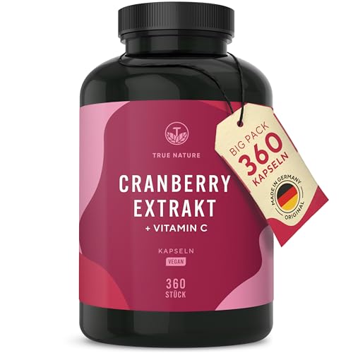 Cranberry Kapseln mit Vitamin C - 25:1 Extrakt (entspricht 25.000mg pro Tagesdosis) - 6% Proanthocyanidine, 80mg Vitamin C - 360 Kapseln - Vegan & ohne Zusätze - Deutsche Produktion - TRUE NATURE