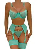 Aranmei Damen-Dessous-Sets mit Oberschenkelmanschetten, sexy Unterwäsche-Set für Frauen, freches 4-teiliges Strumpfbandgürtel-Dessous-Set, lichtgrün, L