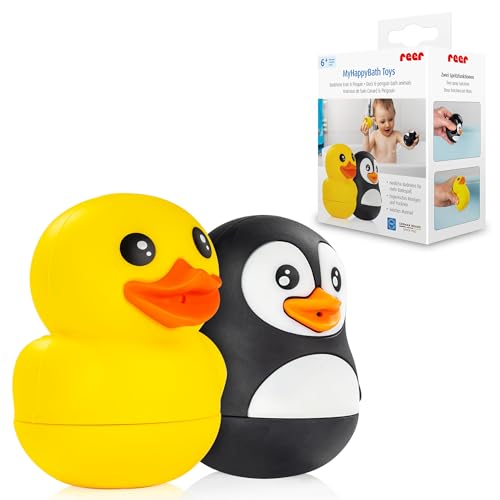 reer MyHappyBath Toys Badetiere Ente & Pinguin | Badespielzeug für Babys und Kinder ab 6 Monaten | Spritztiere | Spaßiges Badewannenspielzeug