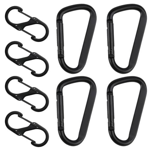 8 STK Karabinerhaken Set, Inkl 4 STK D-Clips Karabiner Karabinerhaken & 4 STK S Karabinerhaken, Karabiner Haken Aluminium, Metall Doppelkarabiner, Carabiner Schwarz für Camping Wandern Rucksack