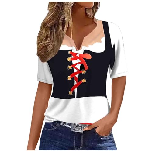 Oktoberfest Damen Outfit Kurzarm T-Shirt Oberteile Lederhose Druck Trachtenblusen Tshirt Tops V-Ausschnitt mit Knopfverschluss Tracht Hemd Bluse Damen Party Halloween Kostüme