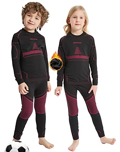 NOOYME Funktionsunterwäsche Kinder Skiunterwäsche Kinder Thermounterwäsche Kinder Atmungsaktiv & Hautfreundlich Sportunterwäsche Kinder Fussball,Schwarz-rosa (128/134) 130-135cm