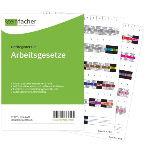 Steinfacher Griffregister für ARBEITSGESETZE - 148 bedruckte Aufkleber, inkl. Einklebeschablone für gebundene Textausgaben (ohne Folien | ablösbar | mit Überschrift)