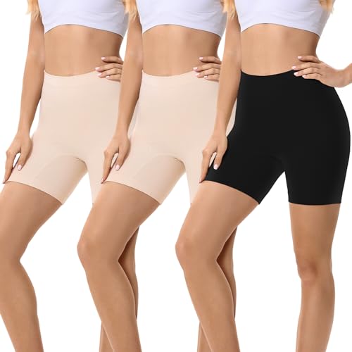 FALARY Radlerhose Unterhose Damen Hose Unter Kleid Rock Anti Scheuern Kurze Leggings Sommer Radlerhose,Yoga Täglich Tragen 3er Pack Beige Schwarz M