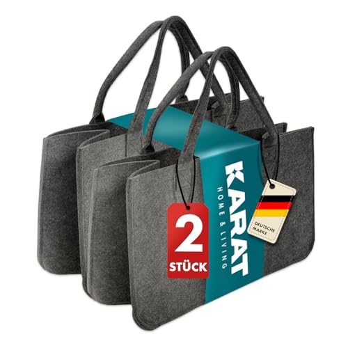 KARAT Filztasche Shopper Holzkorb für Kaminholz, robuste Einkaufstasche aus Filz universell einsetzbar, Filzkorb mit Griffen 50x25x25cm, grau 30 L Vol. (Conny) (2 Stück)