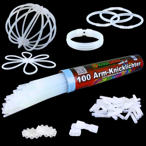 100 Arm Knicklichter | WEISS | Geprüft | Testurteil 1,4 sehr gut | 8h | 100 hoch biegsame Verbinder | Dreifach Verbinder | Kreisverbinder | Vor Aktivierung gelblich, danach Kaltweiss |, Menge:1 Rolle