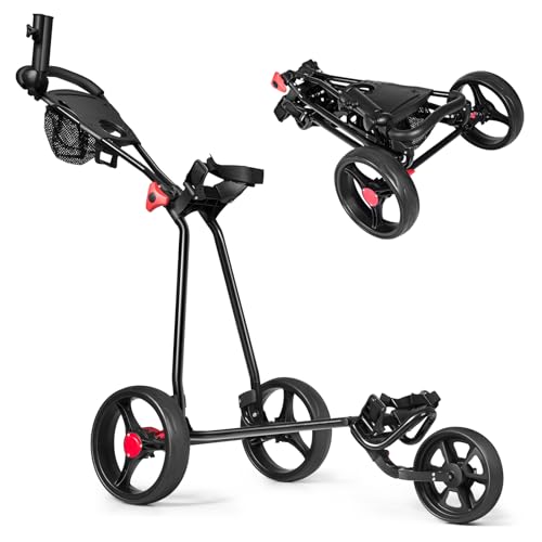 COSTWAY Golftrolley, Golftrolley 3 Rad Klappbar, Golf Trolley, Golfwagen Klappbar, Golf Trolleys, Golf Cart | mit verstellbarem Griff & Halter für Schirm, Tassen, Telefon