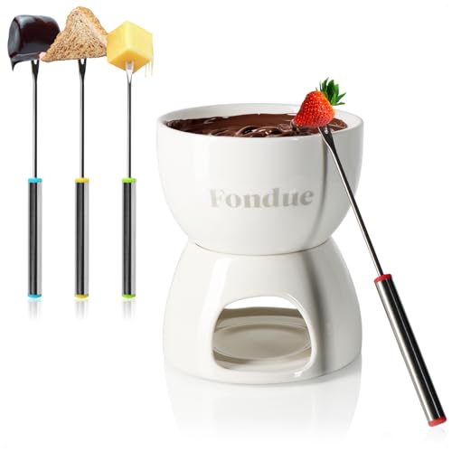 com-four® Premium Schokoladenfondue-Set - Keramikschale mit Teelichthalter und 4 Gabeln - Schmelztopf für Schokolade und Käse - Schmelztiegel - Dessert-Dipschale für 4 Personen - Schmelzgefäß (weiß)