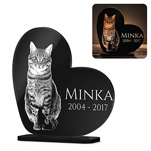 Gedenkstandbild Gedenktafel mit Gravur Fotogravur | Grabstein Katze Herz stehend in 2 Größen | Grabschmuck graviert für Katzen oder Kater - Grabplatte im Kerzenschein leuchtend