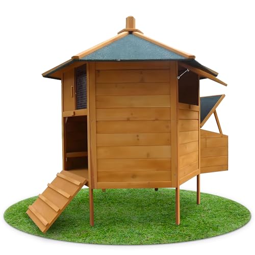 Melko - Hühnerstall braun Winterfest 131x125 cm 6-Eck aus Massivholz - Hühnerhaus Pavillon mit wetterfester Teerpappe - Hühnervoliere inkl. Rampe, Sitzstangen & Nestbox - Für 5-8 Hühner & Kleintiere