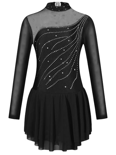 Freebily Kinder Mädchen Tanzkleid Langarm Glitzer Mesh Spleiß Eiskunstlauf Ballett Trikot Gymnastik Kleid Mit Strass Wettbewerb Tanzkleidung Gr.98-176 Schwarz 134-140