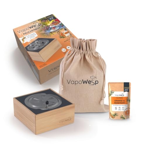 VapoWesp Räucherbox gegen Wespen und Mücken Outdoor | Aromatisierter Kaffeerauch vertreibt lästige Insekten auf natürliche Art, geniessen Sie entspannte Stunden im Freien, Orange & Rosemary Pulver