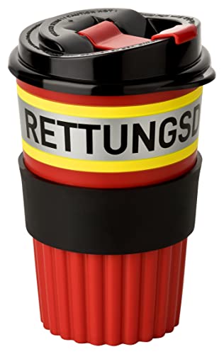 PACOTEX RETTUNGSDIENST To-Go Coffee Becher rot mit gelb-silber-gelb Streifen in Rettungsdienstoptik, 350ml, mit griffiger Softmanchette