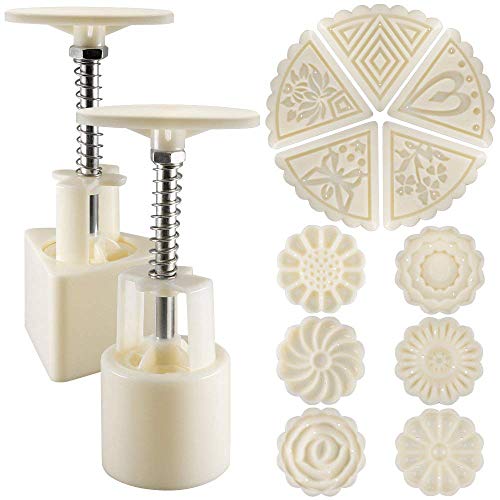 2 Sets Mooncake Mould Press 50g mit 11 Briefmarken, Blumen und Dreieck Form Dekoration Werkzeuge für Backen DIY Cookie - Weiß