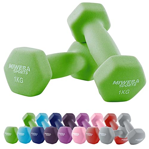 Miweba Sports Neopren Hantelset NKH100 | 𝐏𝐫𝐨𝐟𝐢 Hantel - Hexagon Hanteln Set - Kurzhanteln - Kurzhantel Set - Gymnastikhanteln - Hantel Set - Dumbbell - 0,5-10 Kg (2X 1.0 kg, Grün)