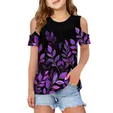 Tshirt Teenager Mädchen Oberteile Mädels Sport Frühling Bauchfrei Kalte Schulter Ärmel Mode Cool Baumwolle Lila
