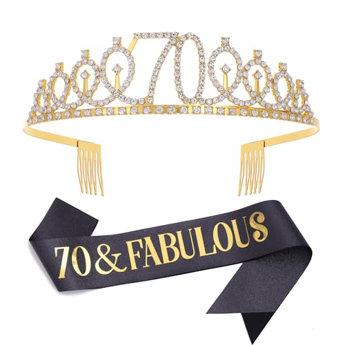 70 & Fabulous Schärpe & Strass Tiara Set Schwarz Gold 70 Geburtstag Geschenke für Frauen Geburtstag Schärpe Tiara für Frauen 70 Geburtstag Party Dekoration (Schwarz 70th), Large, Metall, Konglomerat