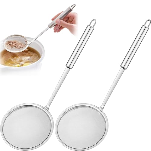 XFLYP 2 Stücke Schaumlöffel, Schaumkelle Edelstahl, Küchensieb Fein, Groß Löffel Filter Set für Fett, Schaum, Rückstände und Obst, ÖL Und Suppe Sauber Abtropfen Lassen
