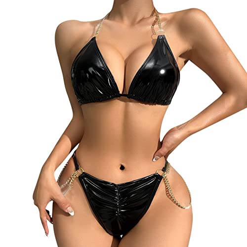 Duohropke Damen Wetlook Bikini Set Ouvert Strings Briefs Lack Leder Hebe BH Büstenhebe Reizwäsche Brustfrei Erotik Dessous Set Unterwäsche