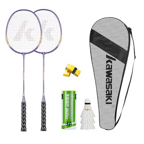 Kawasaki Badminton schläger Federball Set Badminton Racket badmintonschläger Profi mit 3 Badminton bälle 1 Schlägertasche 2 federballschläger für Training, Sport (lila)