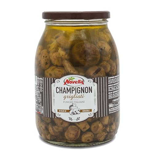 Novella CHAMPIGNON GRIGLIATI - Gegrillte Champignons im Glas – 1062 g - Pilz-Vorspeise aus Italien - eingelegt in Ölmarinade