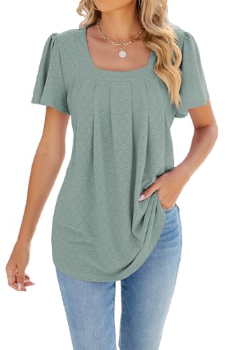 ZIYYOOHY Damen Sommer Bluse Kurzarm Elegant Spitze Ösen Spreizkragen mit Plissiert T-Shirt Tunika Oberteil Tops (6011 GN M)