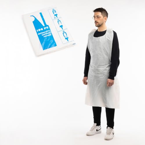 Einwegschürzen Küchenschürzen Damen Küchenschürzen Küchenschürzen Männer aus Kunststoff 100% recycelbar - weiße Schürze - Tierarzt, Friseursalon, Malerei, Küche, Set 100 Einwegschürzen. (100)