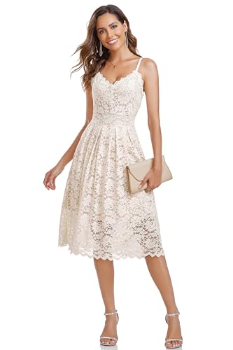 Atnlewhi Damen Vintage ärmellosen V-Ausschnitt A-Linie Kleid Blumen Knielang Spitzenkleid Brautjungfer Elegante Cocktailkleider - Aprikosenfarbe - M