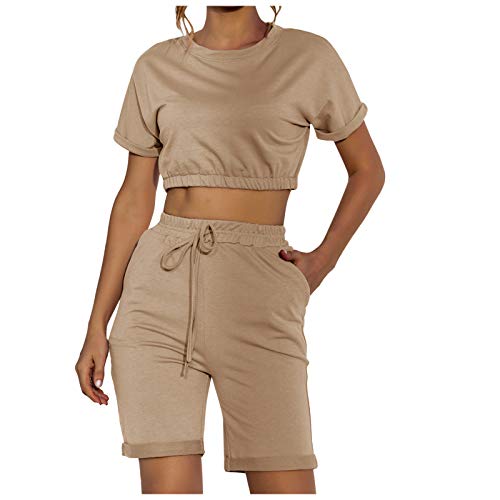 2-Teilige Damen Ärmeln Oberteil Elastische Taille Freizeit Jogginganzug Kurze Hose Hausanzug Taillentasche Farbe Kurzarm Casual Anzughose Jogginghose Frauen Rundhals Ausschnitt Short (Khaki, L)