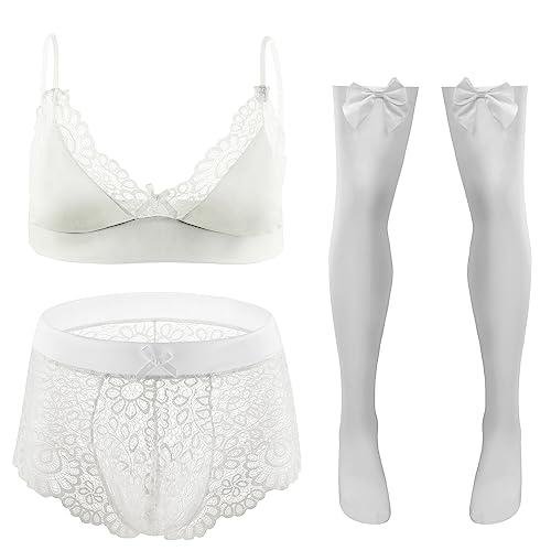 FEOYA Männer Sissy Dessous Sexy BH und Slips Und Strümpfe Set Durchsichtige Dessous Anzug Sexy Pyjamas Spitze Männer Unterwäsche 3tlg Reizwäsche Erotik Negligee Weiß XL