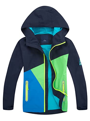 YOUNGSOUL Kinder Regenjacke mit Farbblock Mädchen Jungen Übergangsjacke Outdoorjacke Win und Wasserdicht Windjacke mit Kapuze Dunkelblau DE: 146-152 (Herstellergröße 150)