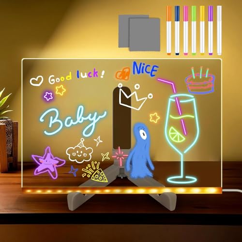 ACMHNC LED Notiztafel mit Farben, Nachrichtentafel mit LED-Leuchten, Transparente Acryl Tafel 20x30cm Notiztafel Abwischbar Drawing light, inkl. 7 Neon-Stifte,kreatives Geschenk für Kinder Freundin