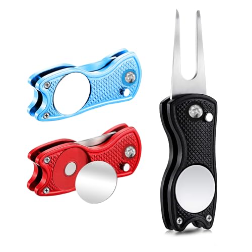 YTUGIL Pitchgabel Golf 3 Stück – Faltbare Golf Divot Reparaturgabel mit Magnetischem Ballmarker – Edelstahl Pitchgabel Set für Golfplatz – Alignment Sticks Golf Zubehör – Geschenk für Golfer